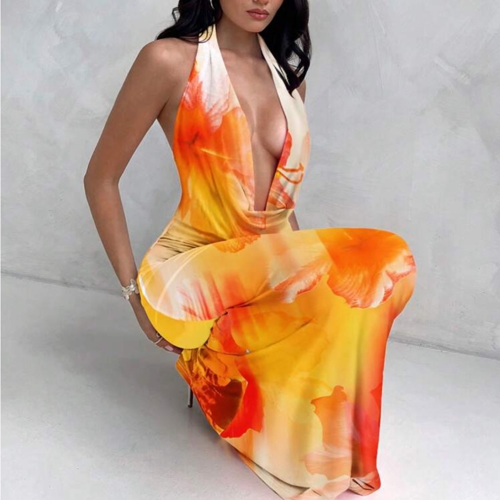 Orange Yellow Backless Halter Sundress